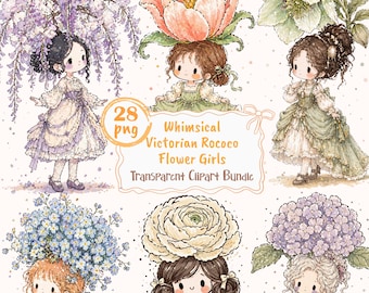 28 PNGs Whimsical Flower Girl Clipart Bundle, Victorian Rococo Watercolor Girls, Floral Princess PNG, Coquette Cottagecore Clipart
