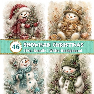 May include: A digital collection of 46 snowman Christmas images featuring four distinct watercolor-style snowmen. One wears a red hat and scarf with a tree, another a tan hat with a basket, one a blue scarf, and one a green hat and scarf.
