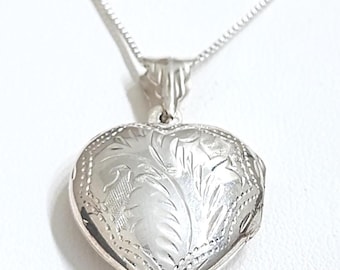 Sterling Silver Etched Heart Locket Pendant Necklace. Vintage Item, Marked 925, Free Shipping.