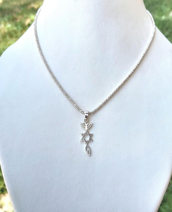 Vintage Sterling Silver Messianic Pendant: Star of David Menorah Charm, 925