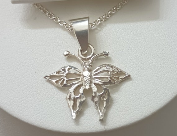 Sterling Silver Butterfly Pendant Necklace.  Vint… - image 1