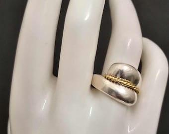 Sterling Silver Artisan Two Tone Ring. 14K Wrap,  Size 7.25, Vintage, Hallmarked 925 Mexico,   Free Shipping.