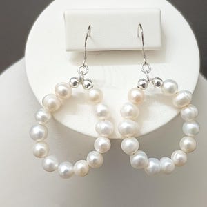 Sterling Silver Pearl Hoop Dangle Earrings .  Marked 925, Free Shipping.