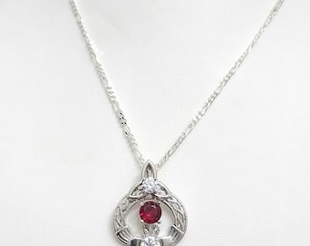 Sterling Silver Celtic  Claddagh Pendant Necklace.  Hallmarked 925, Red Gemstone,   Free Shipping.