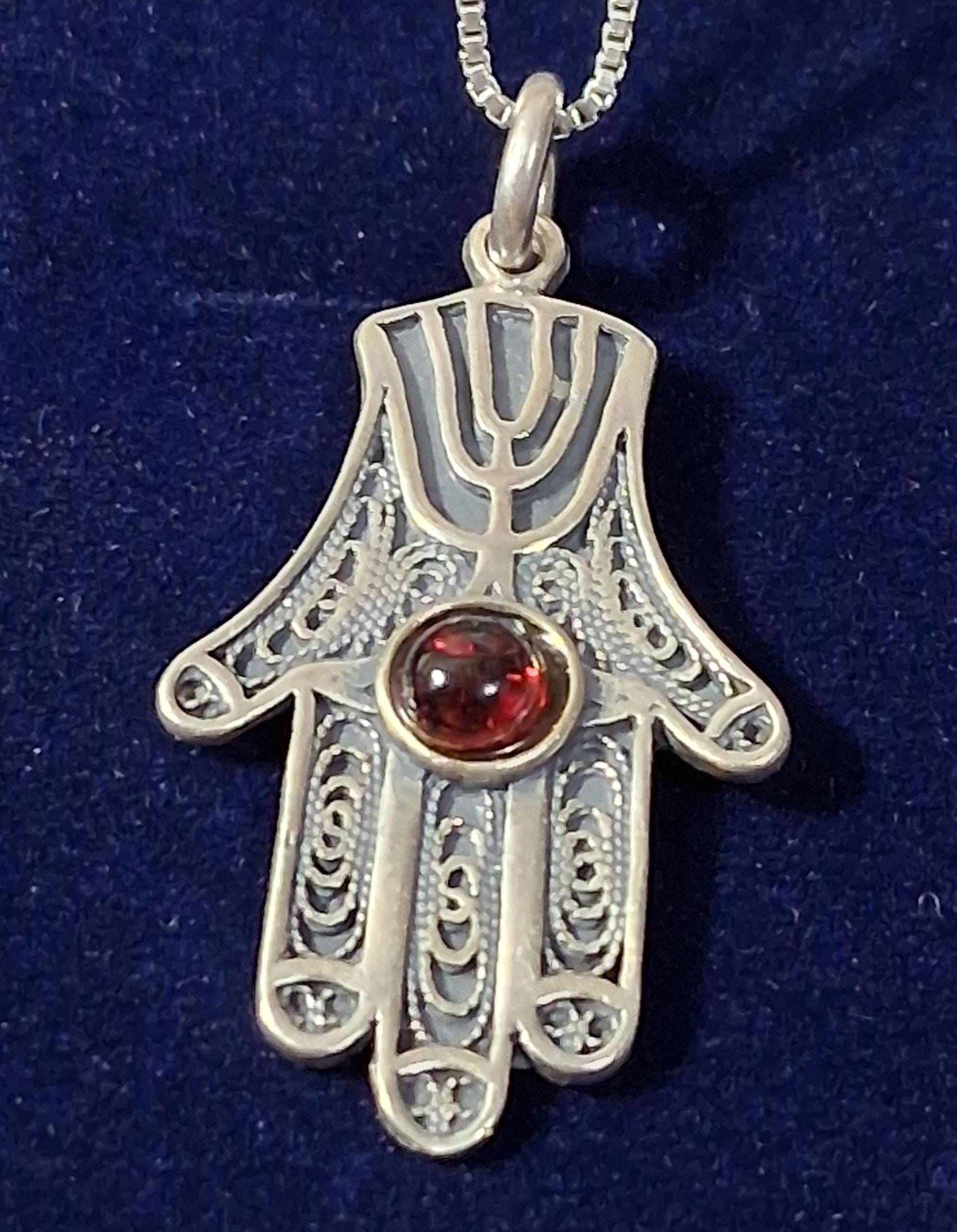 Sterling Silver Hamsa Hand Pendant Necklace. Red stone, Free shipping.