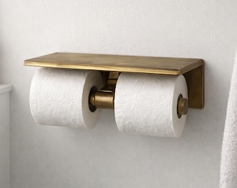 Portarrollos doble de latón con estante – Portarrollos de papel higiénico de pared bruñido, herrajes para baño