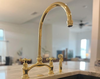 Unlacquered Brass Kitchen Faucet With Sprayer, Antique Gold Bridge Faucet, Arched Faucet