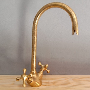 Unlacquered Brass Goosneck Faucet with Engraved Finish
