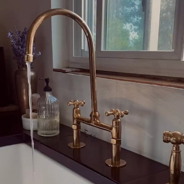 Antique Brass Bridge Faucet, Unlacquered Brass Kitchen Sink Faucet, Vintage Faucet S231303