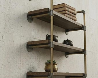 Brass & Wood Wall Shelf with Rail, Industrial Kitchen Shelf, Floating Wooden Shelf with Metal Pipe Frame