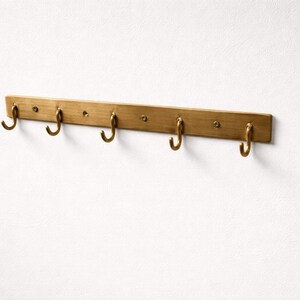 May include: A brass-toned wall-mounted coat rack with six curved hooks. The rack is rectangular with rounded edges and is mounted on a white wall. The hooks are evenly spaced along the bottom edge of the rack.