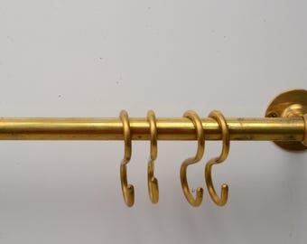Brass Pot Rack, Unlacquered Brass Hanging Rod, Pans and Pots Brass Rail, Solid Brass Pot Rail With S Hooks