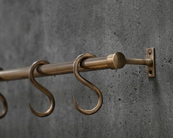 Solid Brass Pot Rail with S Hooks – Wall Mounted Kitchen Rail (Unlacquered Brass)