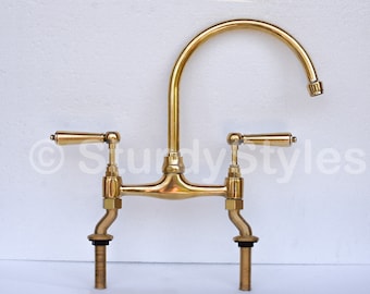 Antique Brass Bridge Faucet, Vintage Kitchen Sink Faucet, Unlacquered Brass Old Fashioned Kitchen Faucet