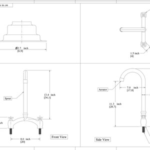 以下が含まれることがあります： インチとセンチメートルで寸法が示された、キッチン蛇口の白黒線画。蛇口は、注ぎ口、ハンドル、エアレーターを備えています。図は、蛇口の正面図と側面図を示しています。