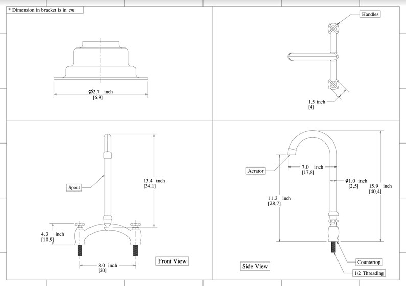 以下が含まれることがあります： インチとセンチメートルで寸法が示された、キッチン蛇口の白黒線画。蛇口は、注ぎ口、ハンドル、エアレーターを備えています。図は、蛇口の正面図と側面図を示しています。