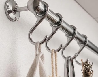 Brass Pot Rail with S Hooks – Wall Mounted Kitchen Rail (Polished Nickel)