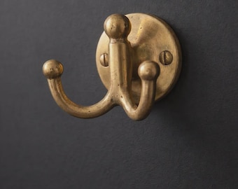 Brass Double Wall Hook, Solid Brass Coat Hook, Bathroom Towel Hook, Heavy Duty Robe Hook, Vintage Brass Hardware