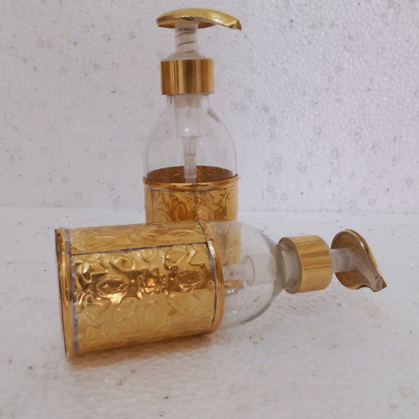 Set of 2 Liquid Soap Container, Travel Soap Dispenser | Unlacquered Brass, Containers | Bathroom soap Pump, Spa Gift Set