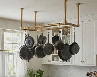 Solid Brass Hanging Pot Rack – Ceiling Kitchen Organizer