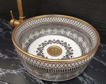 Black and White Ceramic Vessel Sink, 14K Gold Painted Rim,  Handcrafted Bathroom Wash Basin Bowl Sink, Gold Rimmed Bowl