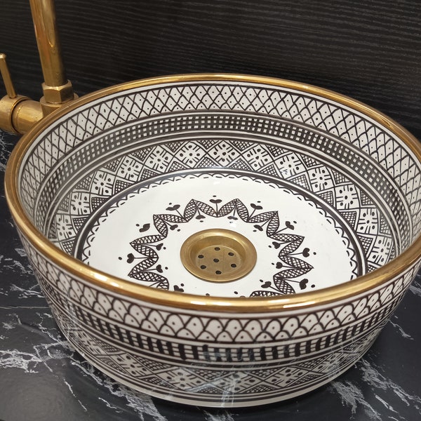 Fregadero de recipiente de cerámica en blanco y negro, borde pintado en oro de 14K, lavabo de lavabo de baño hecho a mano, cuenco con borde dorado