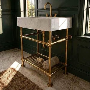 Brass Sink Console Base with Bottom Shelf – Freestanding Bathroom Washstand Frame