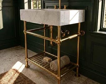 Base de consola de latón para lavabo con estante inferior – Estructura de lavabo de baño independiente