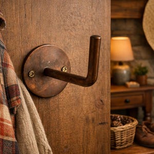 Peut inclure: Un crochet mural de couleur bronze avec une base circulaire et un crochet en forme de L, mont&eacute; sur une surface en bois. Une chemise &agrave; carreaux et un pull beige sont suspendus au crochet. L'arri&egrave;re-plan comprend une chemin&eacute;e et un chapeau de paille.