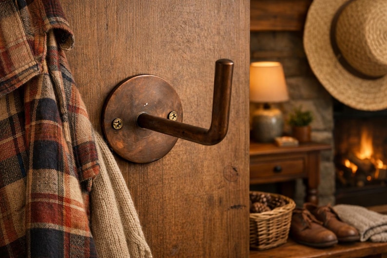 Peut inclure: Un crochet mural de couleur bronze avec une base circulaire et un crochet en forme de L, mont&eacute; sur une surface en bois. Une chemise &agrave; carreaux et un pull beige sont suspendus au crochet. L'arri&egrave;re-plan comprend une chemin&eacute;e et un chapeau de paille.