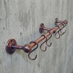 Copper Pot Rack For kitchen, Unlacquered Pot Rail or Pan Rail with S hooks