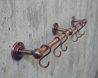 Copper Pot Rack For kitchen, Unlacquered Pot Rail or Pan Rail with S hooks