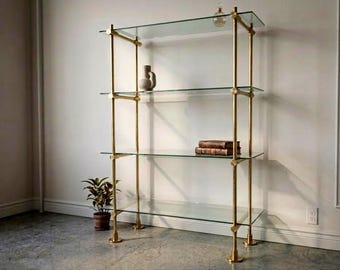 Brass Glass Shelf Bar Rack with Floor Supports – Freestanding Luxury Home Bar Storage