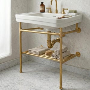 Base de consola para lavabo de latón – Marco de lavabo de latón macizo pulido con riel para estante