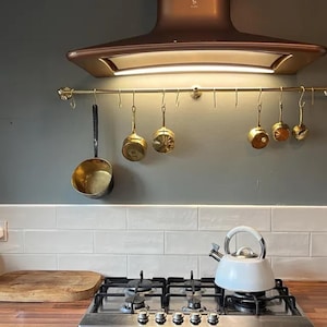 Unlacquered Brass Pot Rail, Solid Brass Pot Rack With S-Hooks, Organization Kitchen Rack For Pans and Pots