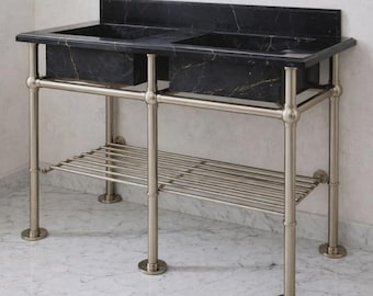 Double Sink Marble Console with Brass Frame – Luxury Bathroom Vanity