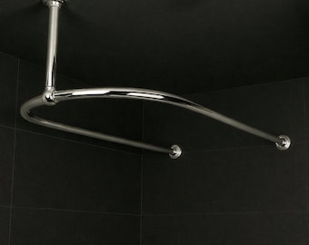Solid Brass U-Shaped Shower Curtain Rod, Ceiling-Mounted Bathtub Rail in Unlacquered Brass or Polished Nickel