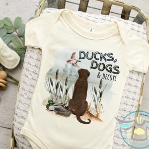 Duck Hunting Onesie® Hunting Bird Dog, Ducks Dogs & Decoys, Daddy's Hunting Guide, Duck Call, Country Boy, Chocolate Labrador Retriever