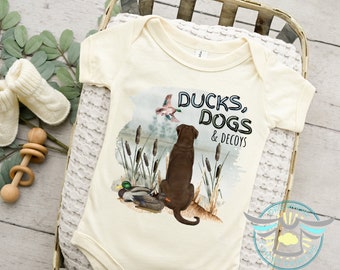 Duck Hunting Onesie® Hunting Bird Dog, Ducks Dogs & Decoys, Daddy's Hunting Guide, Duck Call, Country Boy, Chocolate Labrador Retriever
