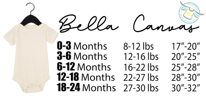 May include: A beige baby onesie with short sleeves and a snap closure. A size chart shows the corresponding age in months, weight in pounds, and chest size in inches for each size.
