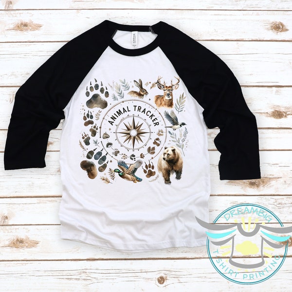 Animal Tracker Shirt, Hunting Shirt, Rabbit, Bear, Deer, Duck Hunting, Animal Footprints Country Boy, Quarter Length Tee, Baseball Shirt