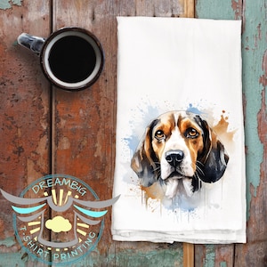 May include: A watercolor painting of a beagle dog with brown, black, and white fur. The dog is looking directly at the viewer with a serious expression. The background is a light blue and brown watercolor wash with splatters of paint.