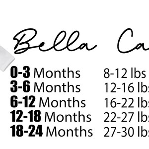 May include: A white baby onesie hangs on a black hanger. Text on the right side reads "Bella Canvas" and size information for babies aged 0-24 months, including weight in pounds and height in inches.