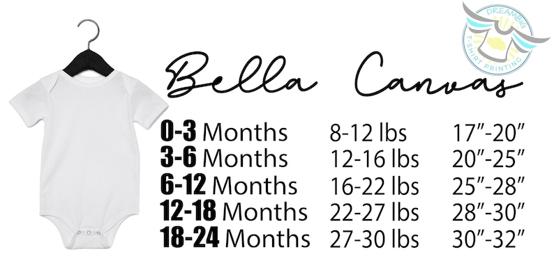May include: A white baby onesie hangs on a black hanger. Text on the right side reads "Bella Canvas" and size information for babies aged 0-24 months, including weight in pounds and height in inches.