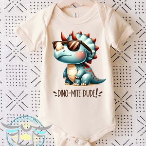 Dinosaur Baby Onesie® Dino-Mite-Dude, Dinosaur, Dino, Triceratops, Baby Shower, Baby Gift, Cute Baby Clothes, Bodysuit, Trending, Natural