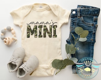 Mama's Mini's Baby Onesie® Mama's Boy, Mother Son, Mom Gift, Camo Print, Son Onesie® Baby Shower Gift, Cute Baby Boy Onesie®, Natural