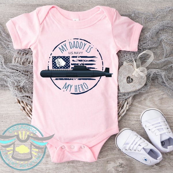 Daddy Is My Hero Baby Onesie® Submarine, Military Dad, Military Baby Onesie® Military Ship, Baby Girl, Announcement, Military Family, Pink