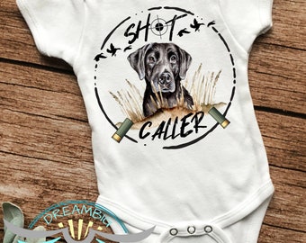 Duck Hunting Baby Onesie® Shot Caller, Hunting Bird Dog, Daddy's Hunting Guide, Duck Call, Country Boy, Black Labrador Retriever, Hunter