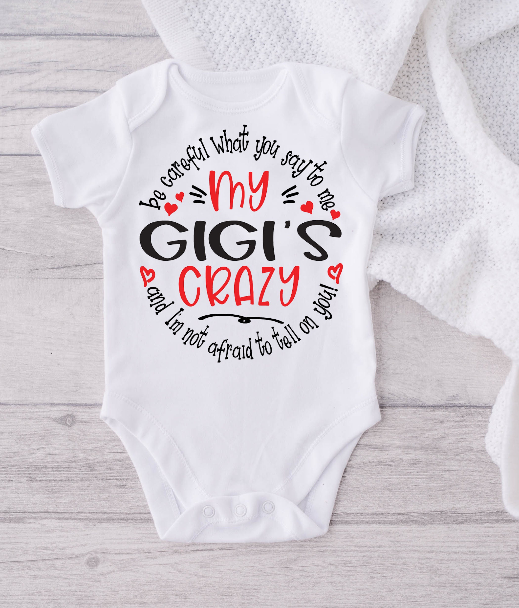 My GIGI s Crazy Baby Onesie GIGI Baby Onesie Grandma Reveal Grandparents Cute Baby Clothes Baby Announcement Baby Reveal Bodysuit