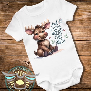 Just A Little Moose-Chief Maker Baby Onesie® Moose Baby Onesie® Mischievous, Animal Outfit, Woodland Baby Clothes, Cute Baby Outfit, White